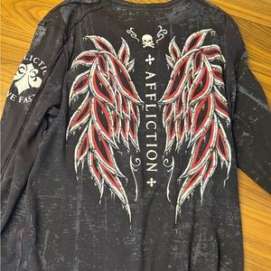 Affliction Chromatic Rust Reversible Thermal Long Sleeve Shirt cross, and skull